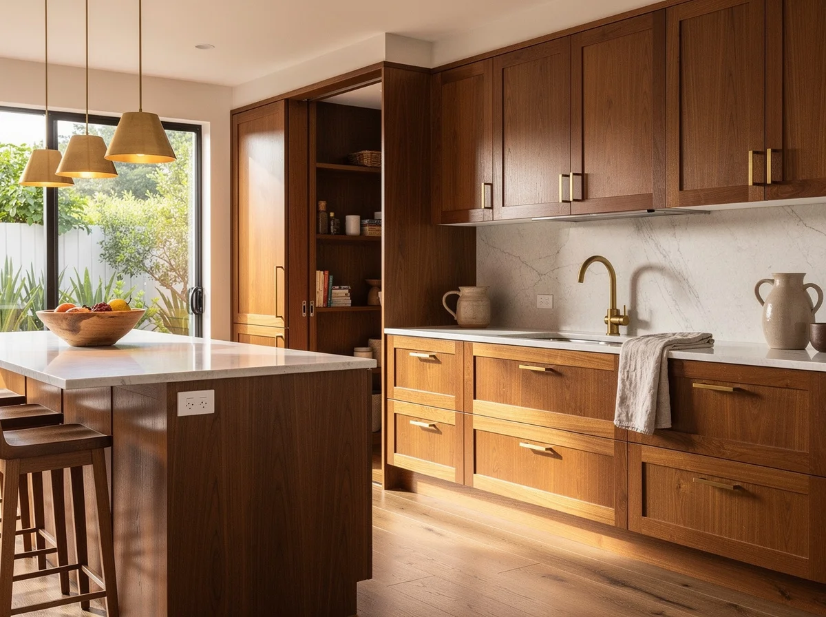 The same Buderim kitchen after Grainline: warm timber shaker fronts, stone benchtops and a butler's pantry
