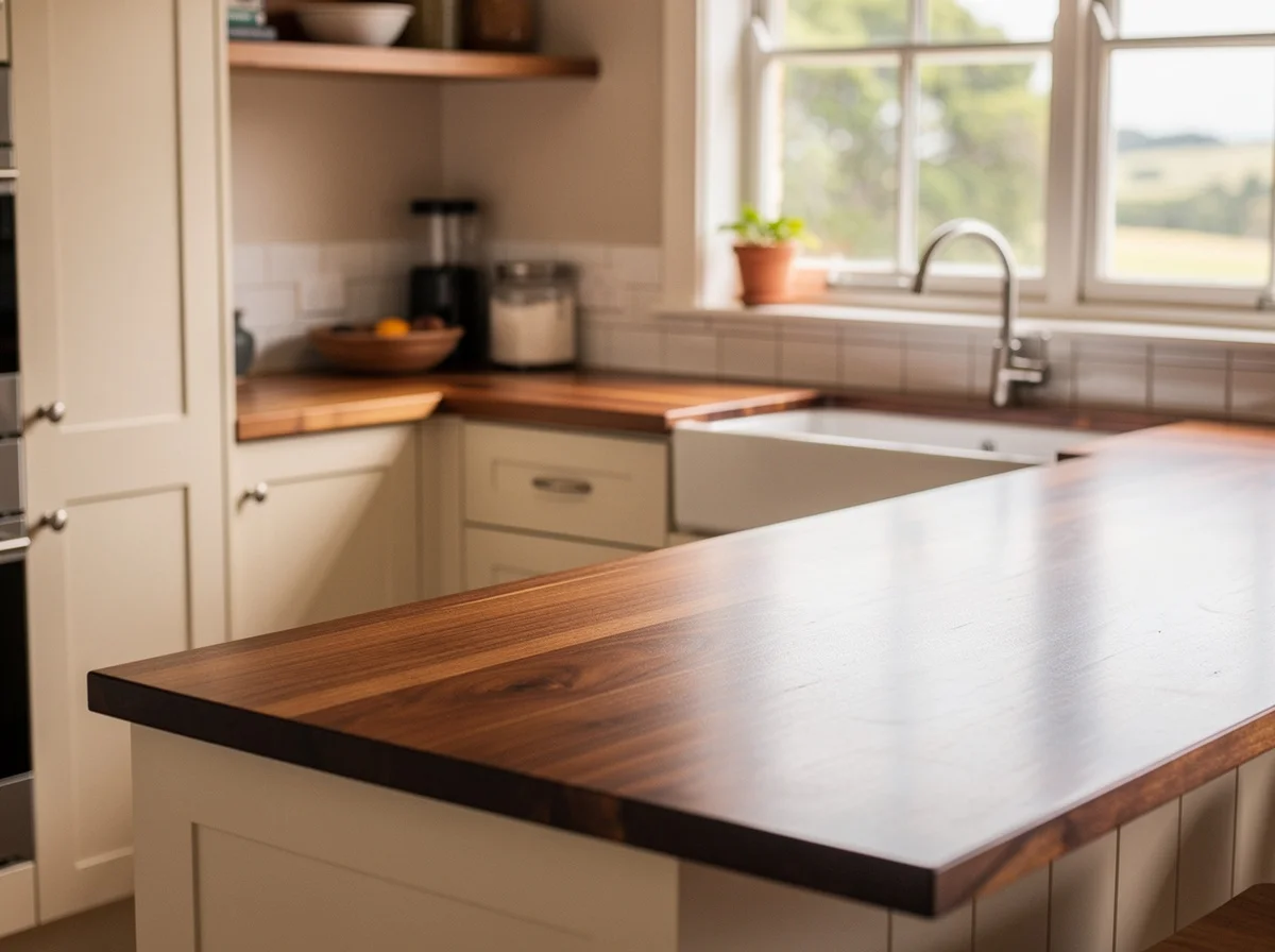 The same Eumundi kitchen after Grainline fitted sealed solid hardwood benchtops