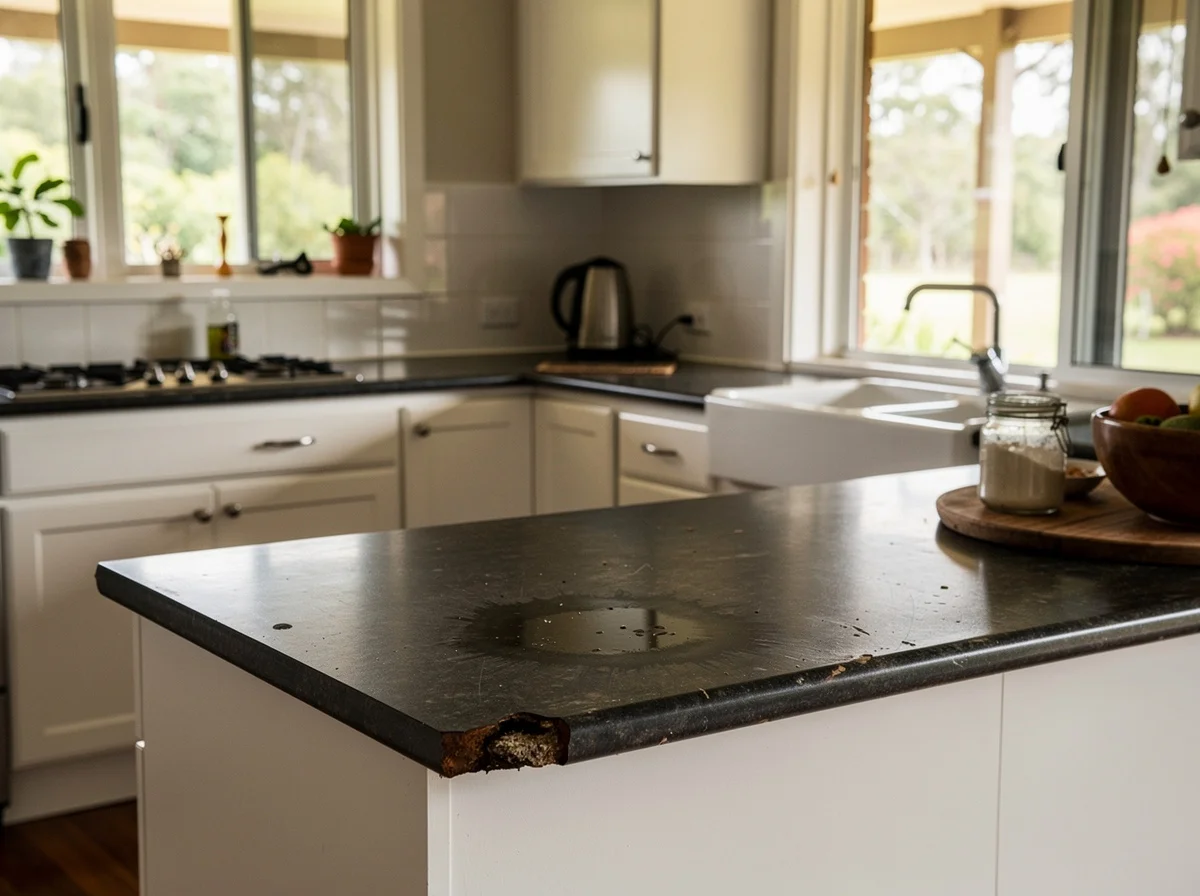 Worn benchtops on sound kitchen carcasses at an Eumundi acreage before replacement