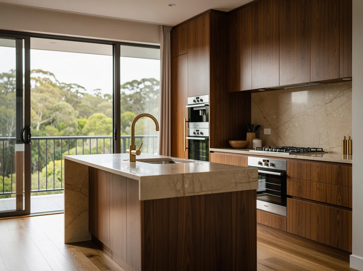 The same Noosa Sound apartment after Grainline's renovation, honed-stone island and warm timber-veneer fronts