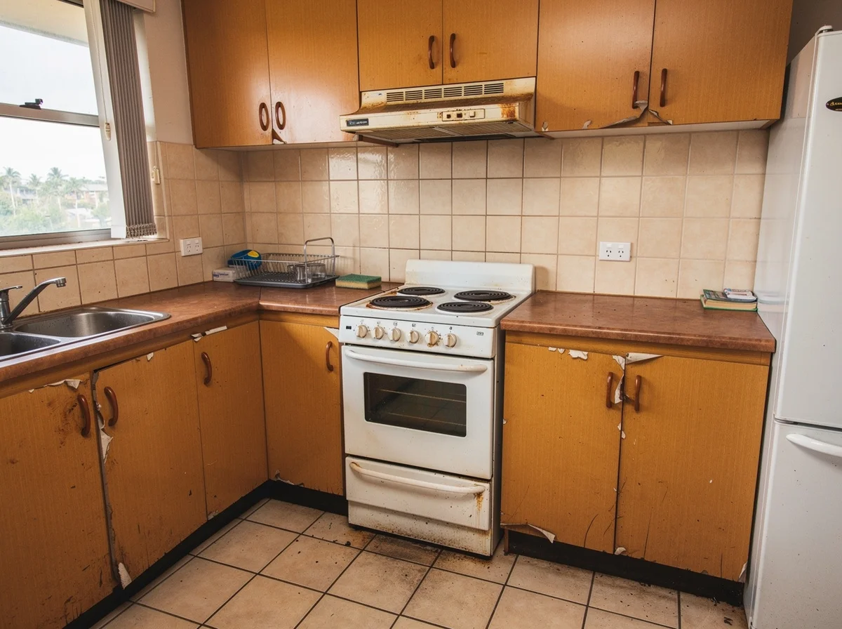 Dated 1998 laminate kitchen in a Noosa Sound apartment before renovation