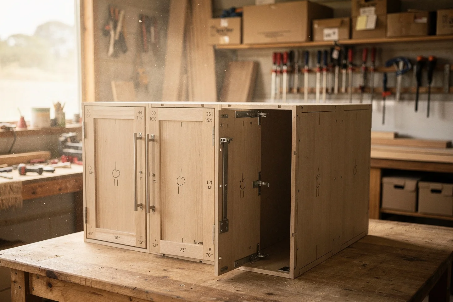 Grainline cabinetry modules dry-assembled in the Noosaville workshop, staged for the lift
