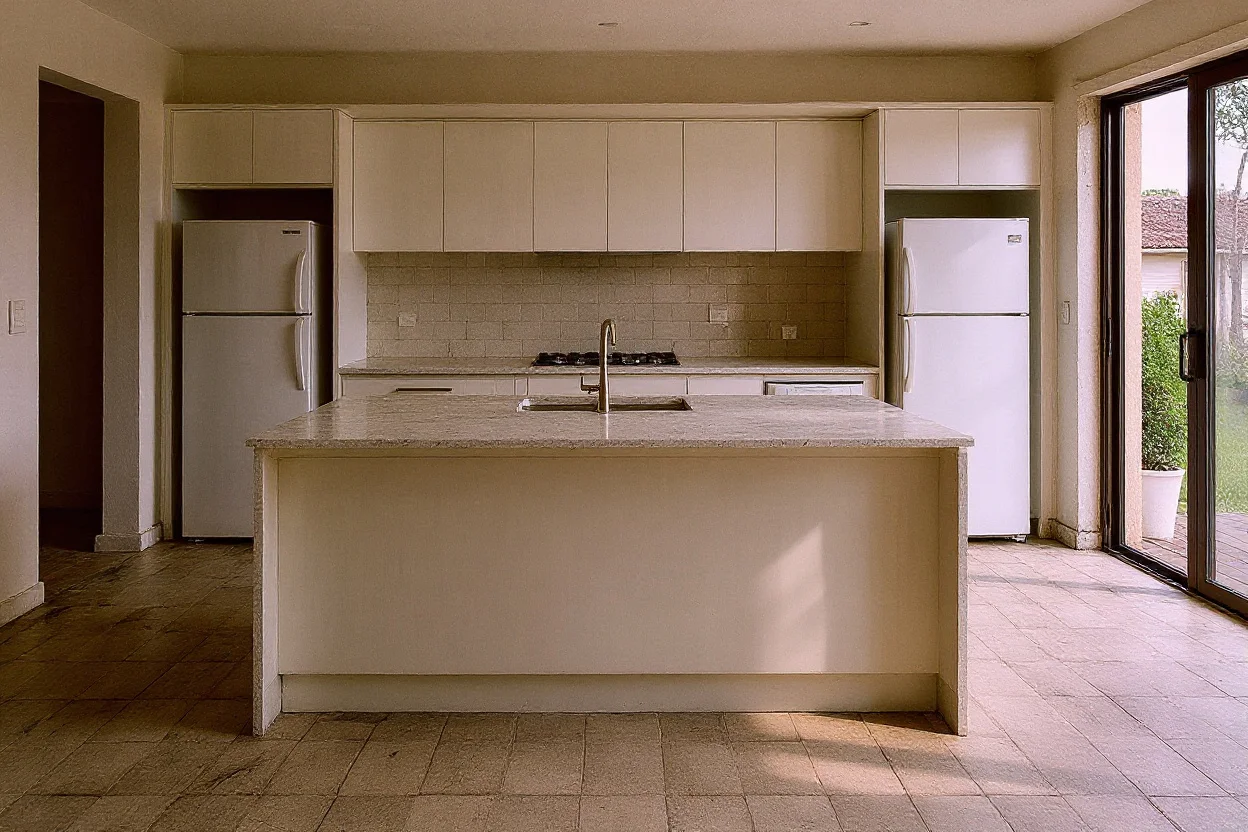 Dark dated 1990s galley kitchen in Sunshine Beach before Grainline's renovation