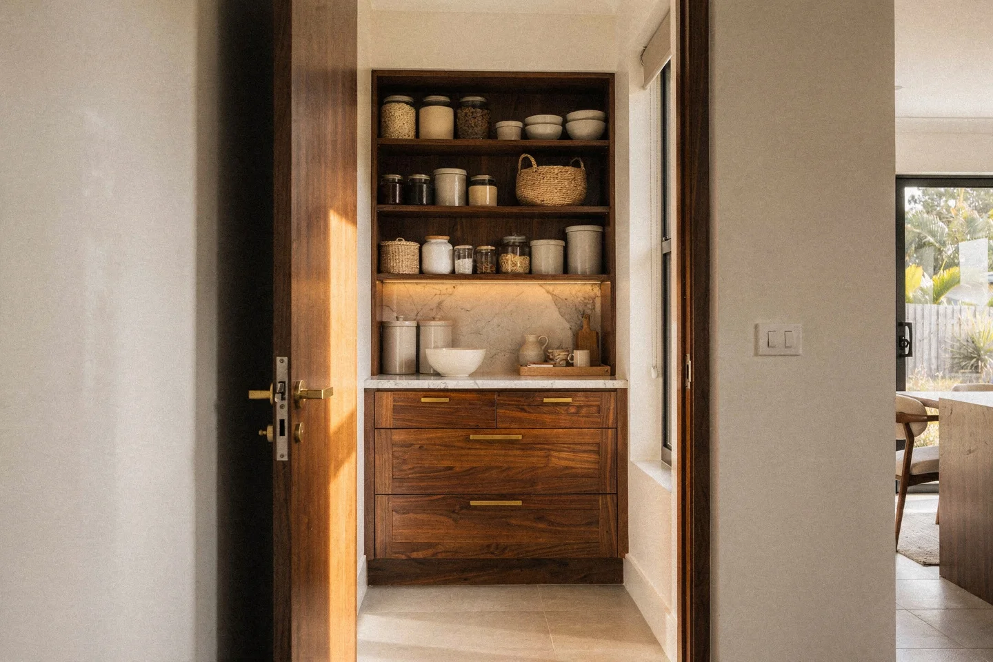 A full-height walnut butler's pantry with ordered shelving along the kitchen return
