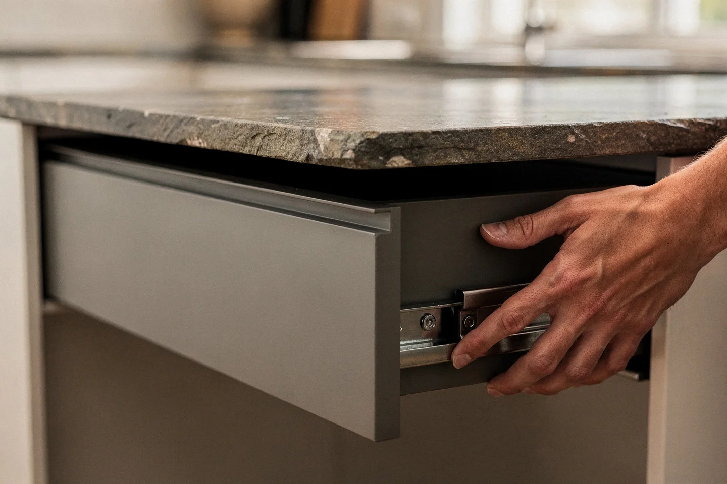 A heavy soft-close drawer gliding shut on concealed runners in a Grainline kitchen