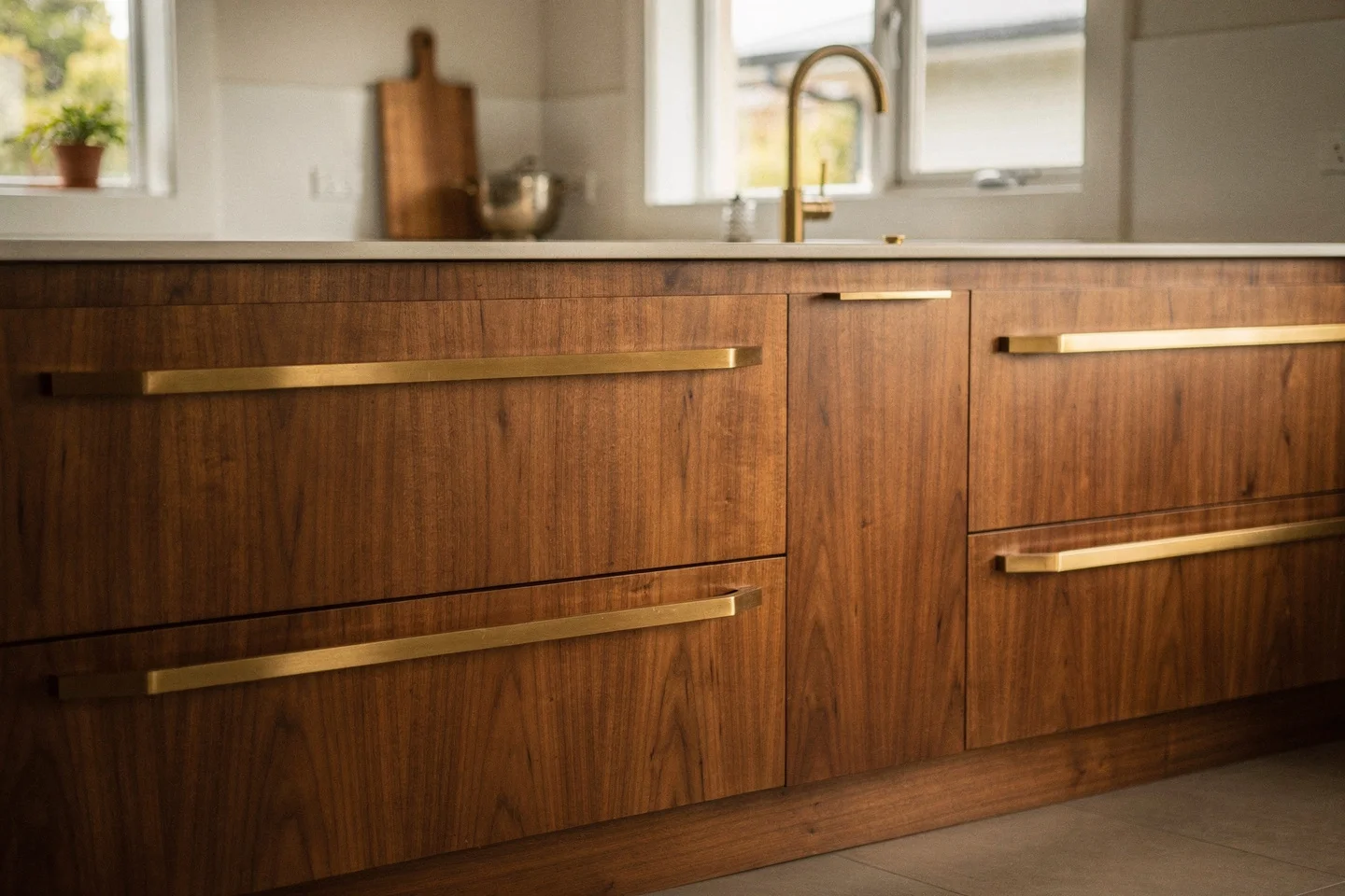 A bookmatched American walnut cabinetry run with satin seal and aged-brass pulls